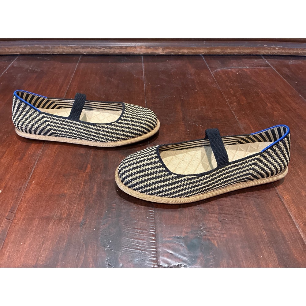Rothy's "Cruiser" Mary Jane Flats Women 6 Sustainable Black Tan Stripe Knit